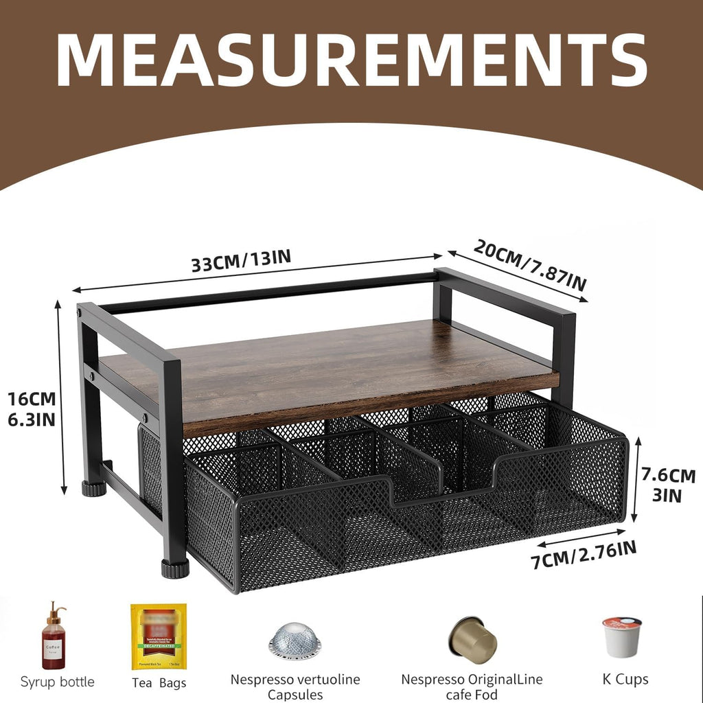 Metal Tea Bag Holder Storage Organizer Box with Drawer 8 Compartments, Cofee Bar Station Organiser Accessories, (Black)