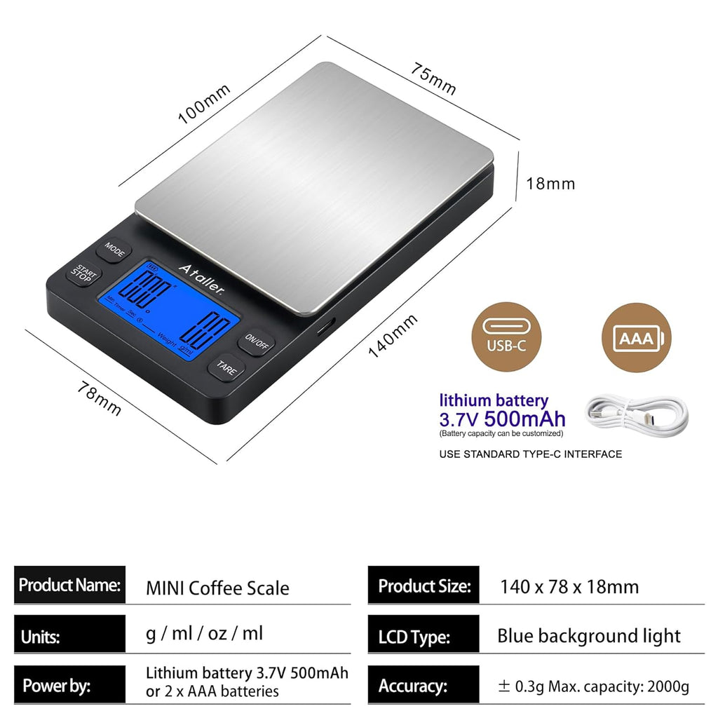 Mini Coffee Scale with Timer, Resolution 0.1G, Max 2Kg 4.4Lbs