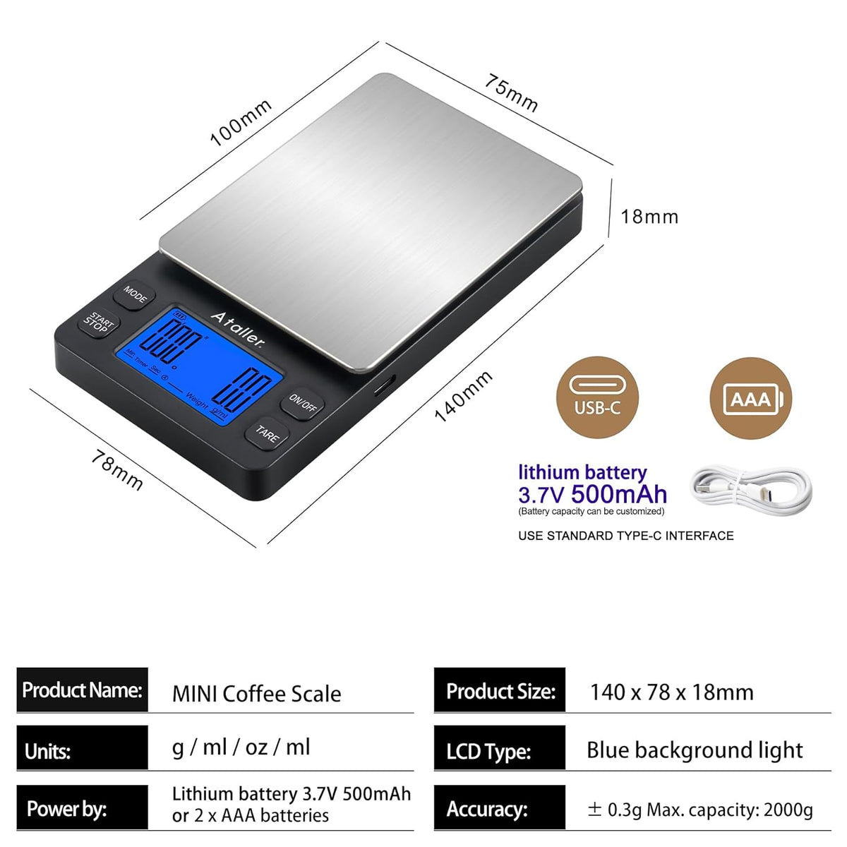 Mini Coffee Scale with Timer, Resolution 0.1G, Max 2Kg 4.4Lbs
