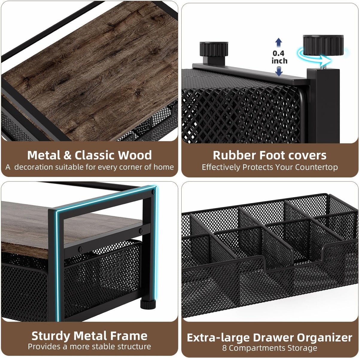 Metal Tea Bag Holder Storage Organizer Box with Drawer 8 Compartments, Cofee Bar Station Organiser Accessories, (Black)