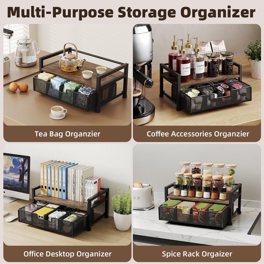 Metal Tea Bag Holder Storage Organizer Box with Drawer 8 Compartments, Cofee Bar Station Organiser Accessories, (Black)