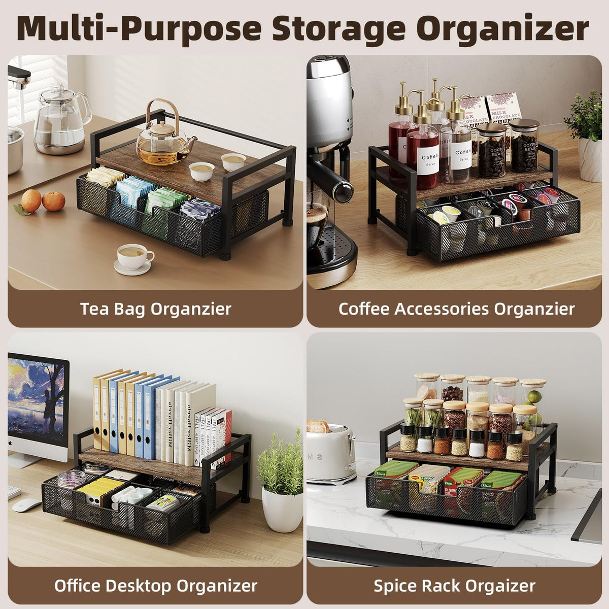 Metal Tea Bag Holder Storage Organizer Box with Drawer 8 Compartments, Cofee Bar Station Organiser Accessories, (Black)