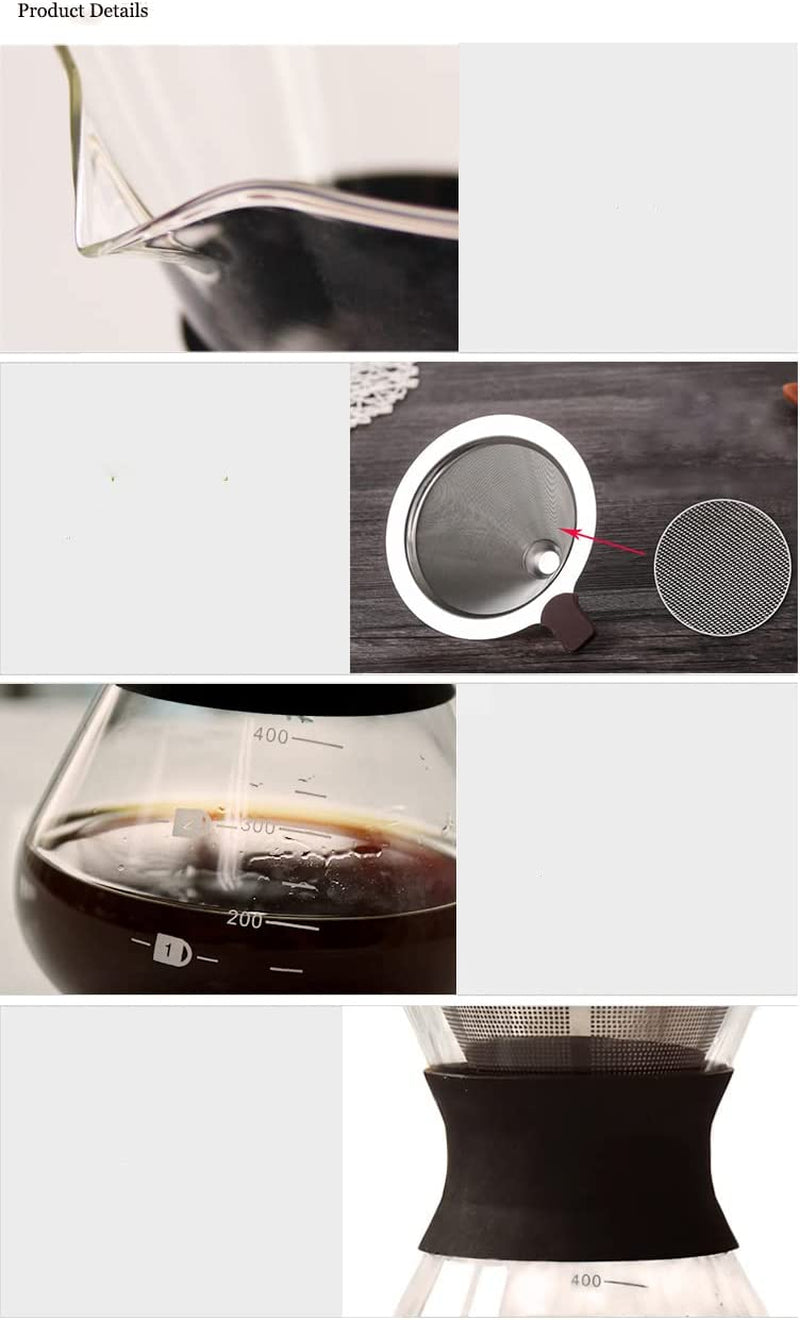 Pour over Coffee Maker Glass Hand Drip Coffee Brewer Set Coffee Filter Jug with Permanent Filter (400Ml)