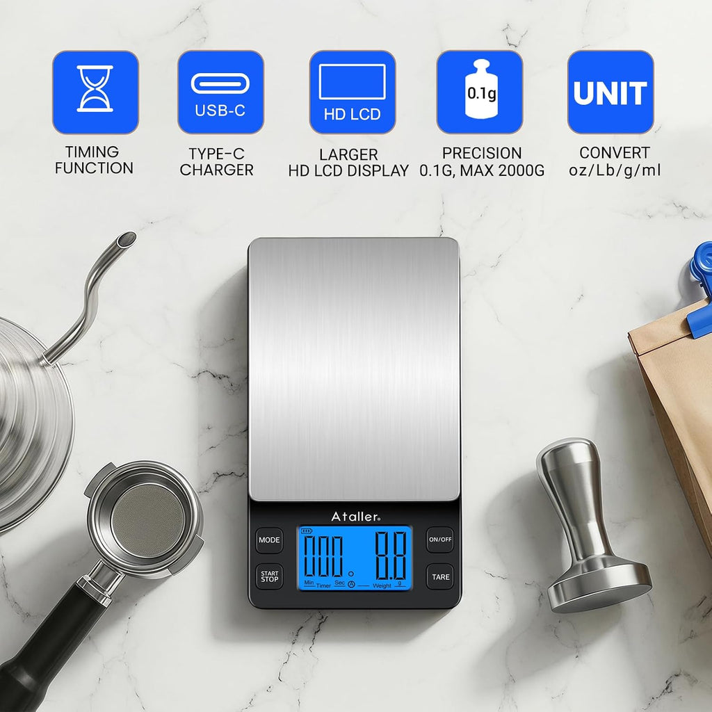 Mini Coffee Scale with Timer, Resolution 0.1G, Max 2Kg 4.4Lbs