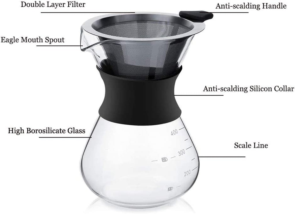 Pour over Coffee Maker Glass Hand Drip Coffee Brewer Set Coffee Filter Jug with Permanent Filter (400Ml)