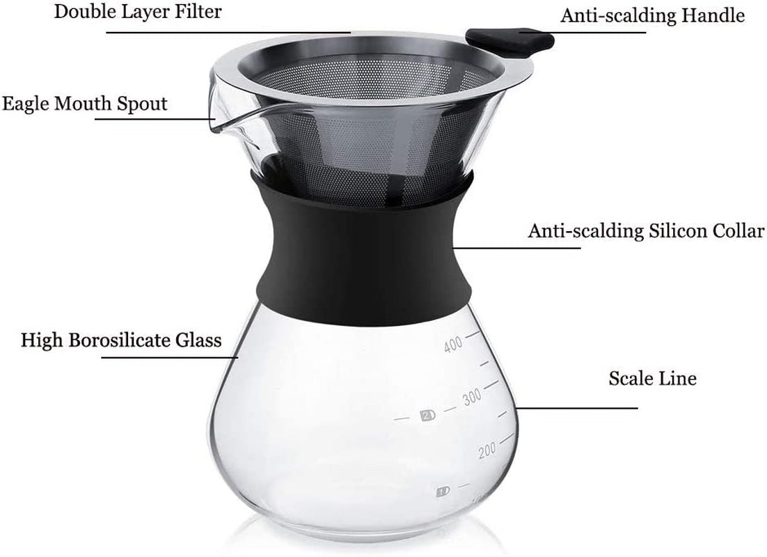 Pour over Coffee Maker Glass Hand Drip Coffee Brewer Set Coffee Filter Jug with Permanent Filter (400Ml)