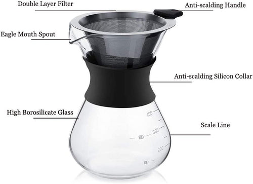 Pour over Coffee Maker Glass Hand Drip Coffee Brewer Set Coffee Filter Jug with Permanent Filter (400Ml)