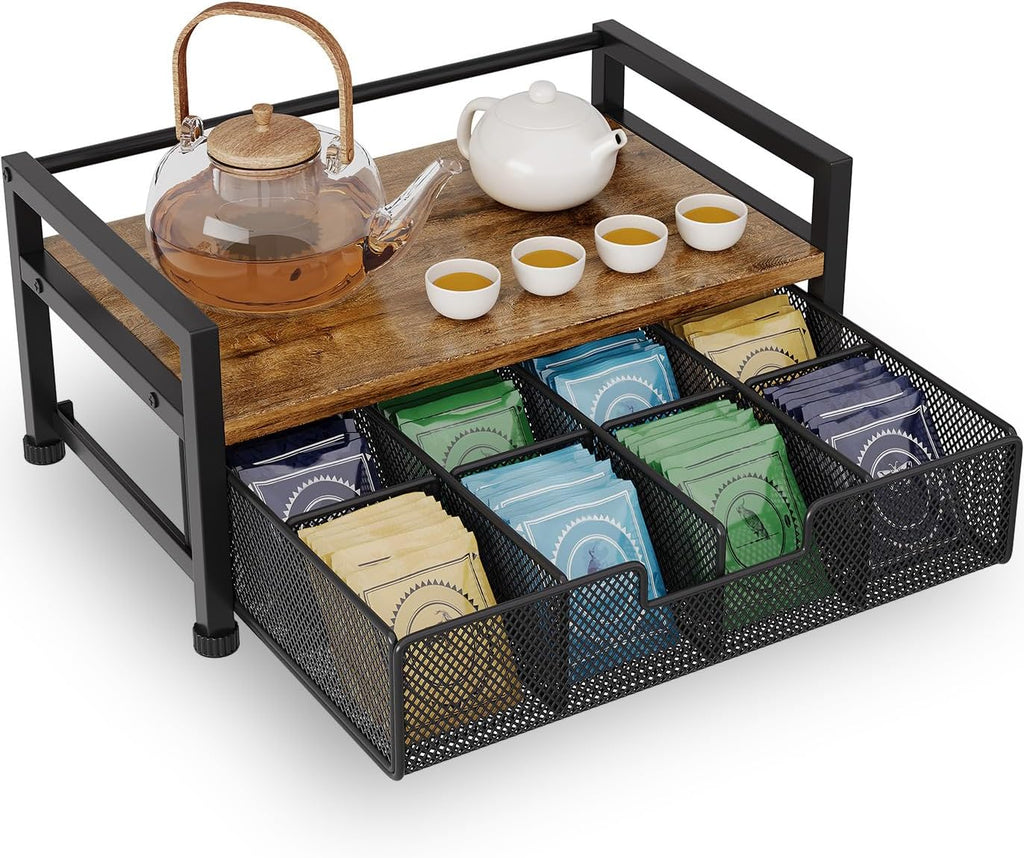 Metal Tea Bag Holder Storage Organizer Box with Drawer 8 Compartments, Cofee Bar Station Organiser Accessories, (Black)