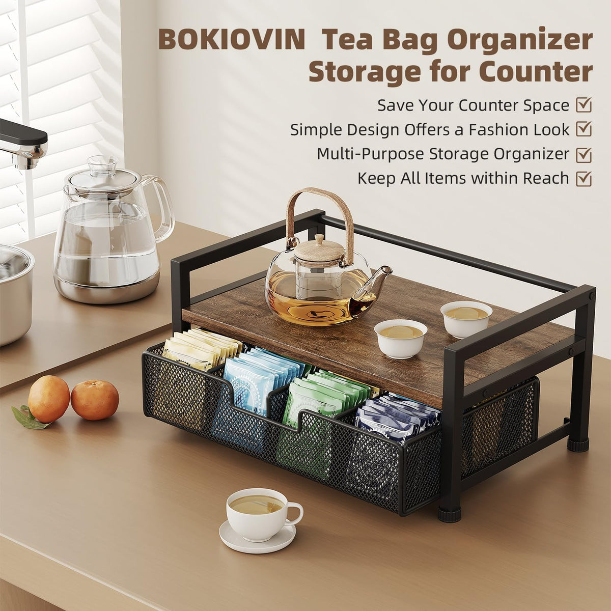 Metal Tea Bag Holder Storage Organizer Box with Drawer 8 Compartments, Cofee Bar Station Organiser Accessories, (Black)