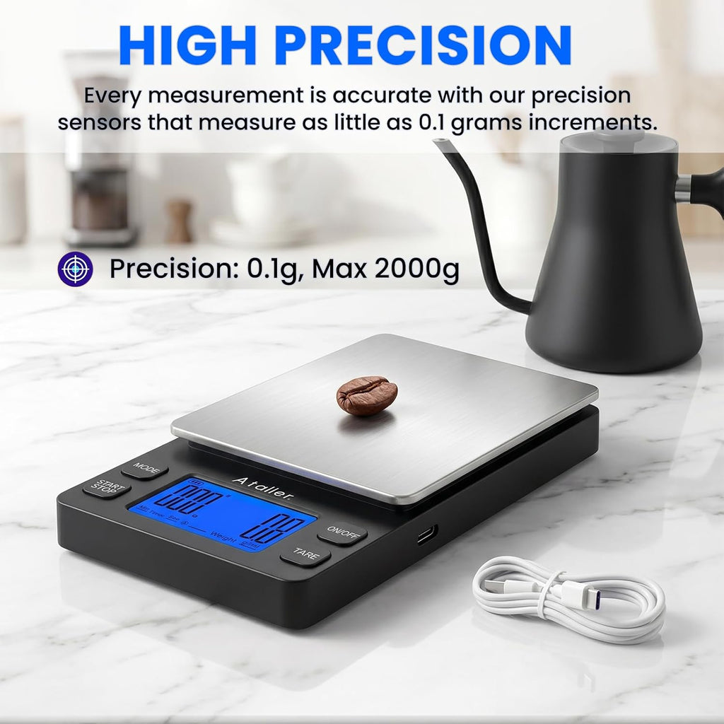 Mini Coffee Scale with Timer, Resolution 0.1G, Max 2Kg 4.4Lbs