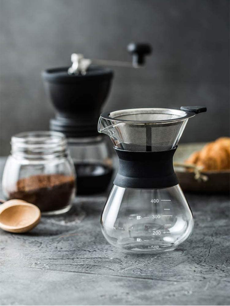 Pour over Coffee Maker Glass Hand Drip Coffee Brewer Set Coffee Filter Jug with Permanent Filter (400Ml)